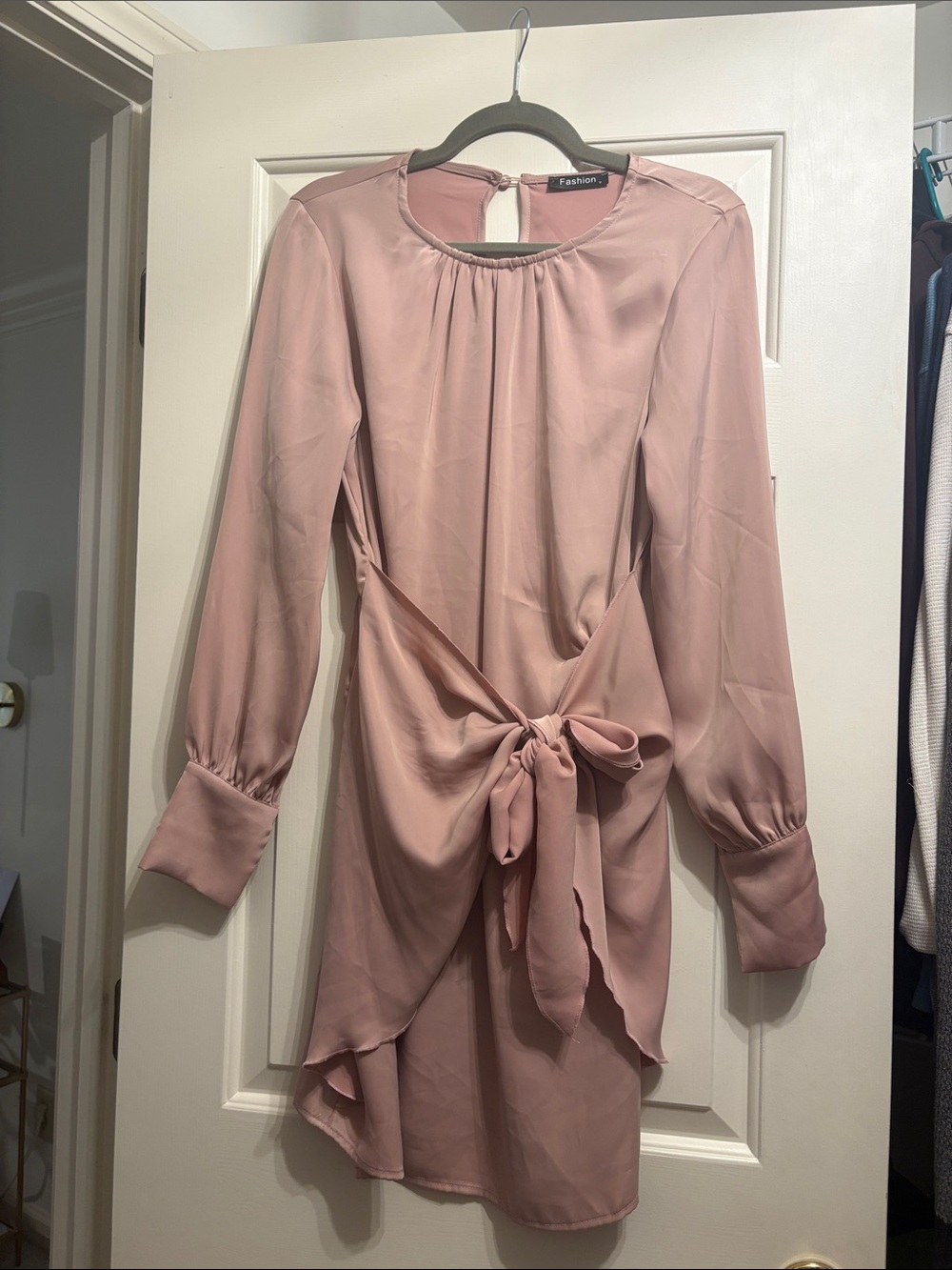 Blush Pink Long-Sleeve Tie-Waist Dress